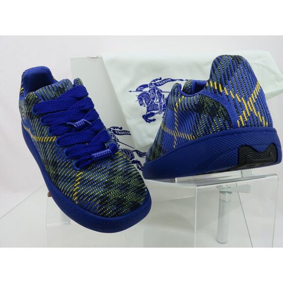 NIB BURBERRY BOX NAVY BLUE CHECK CANVAS LOGO PLATFORM SNEAKERS 8 US 41 ITALY - Picture 8 of 12